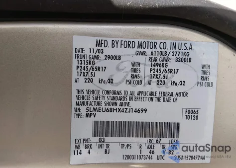 2004 Lincoln Aviator z USA, uszkodzony, nr VIN 5LMEU68HX4ZJ14699